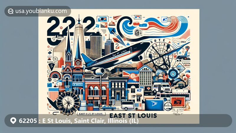 Modern illustration of East St Louis, Saint Clair County, Illinois, featuring vibrant postal elements, air mail envelopes, stamps, and postmarks, representing community vibrancy.