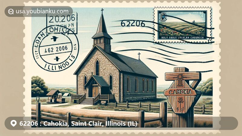 Modern illustration of Cahokia, Saint Clair County, Illinois, portraying the Holy Family Log Church as a historic landmark, with a creative postcard design emphasizing postal elements and the '62206' ZIP code.