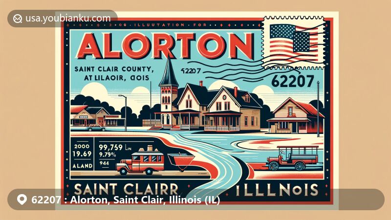 Modern illustration of Alorton, Saint Clair County, Illinois, featuring highlights of ZIP code 62207, depicting geographical and demographic aspects with historical population trends and postal elements.