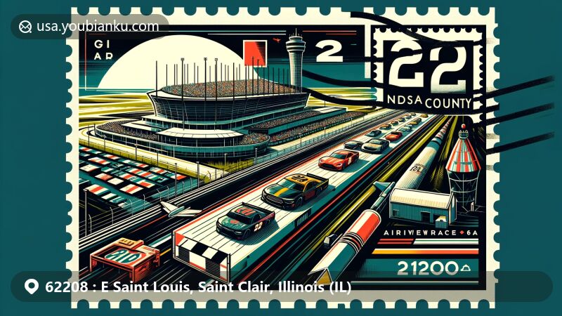Modern illustration of Fairview Heights, St. Clair County, Illinois, featuring Gateway International Raceway as a landmark, incorporating postal elements in a colorful design.