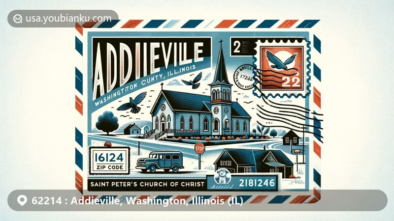 Modern illustration of Addieville, Washington County, Illinois, designed as an air mail envelope, showcasing Saint Peter's United Church of Christ and 62214 ZIP Code, incorporating stamps and postmark with town details.