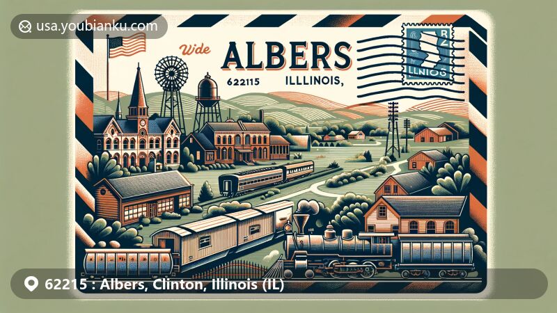 Modern illustration of Albers, Illinois, featuring a postcard with ZIP code 62215, showcasing railway history, mining expansion, and rural charm with Illinois state flag and natural landscapes.