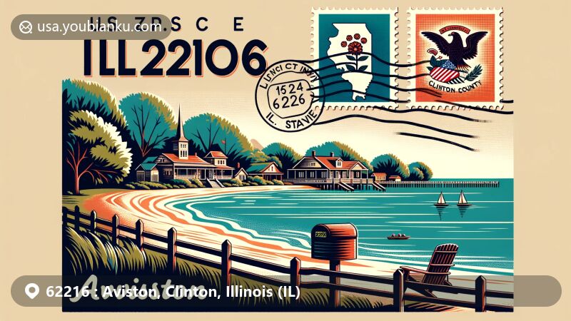 Modern illustration of Aviston, Clinton County, Illinois, featuring a wide-format postcard-style design with local attractions, serene lake scene, sandy beach, and postal elements.