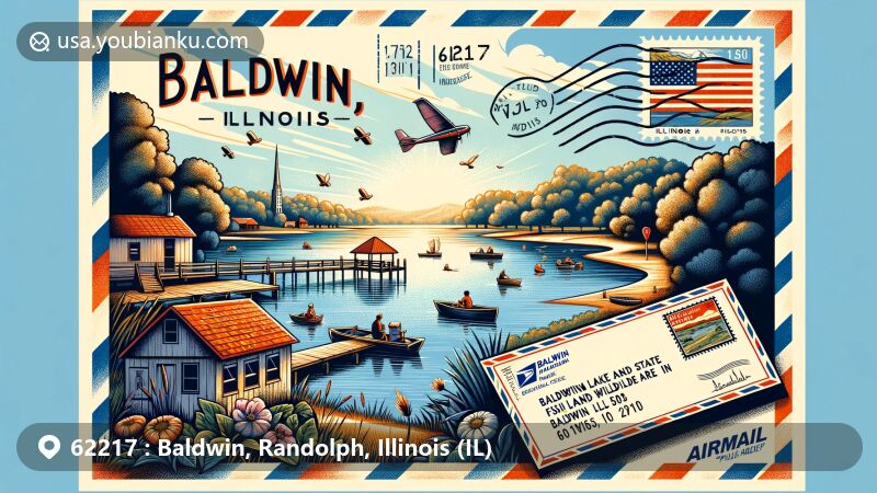 Modern illustration of Baldwin, Randolph County, Illinois, with scenic view of Baldwin Lake State Fish and Wildlife Area, featuring airmail envelope with ZIP code 62217, state symbols, and tranquil rural setting.