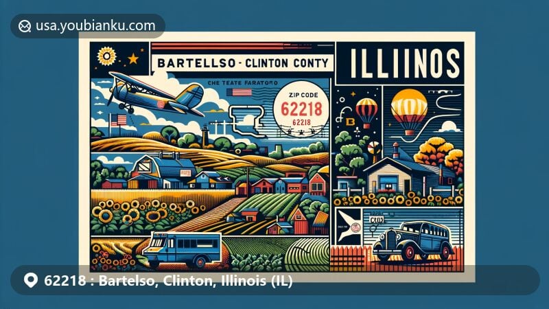 Modern illustration of Bartelso, Clinton County, Illinois, showcasing postal theme with ZIP code 62218, featuring map outline of Clinton County in Illinois, rural landscape, vintage air mail envelope, stamps, and small village scene.