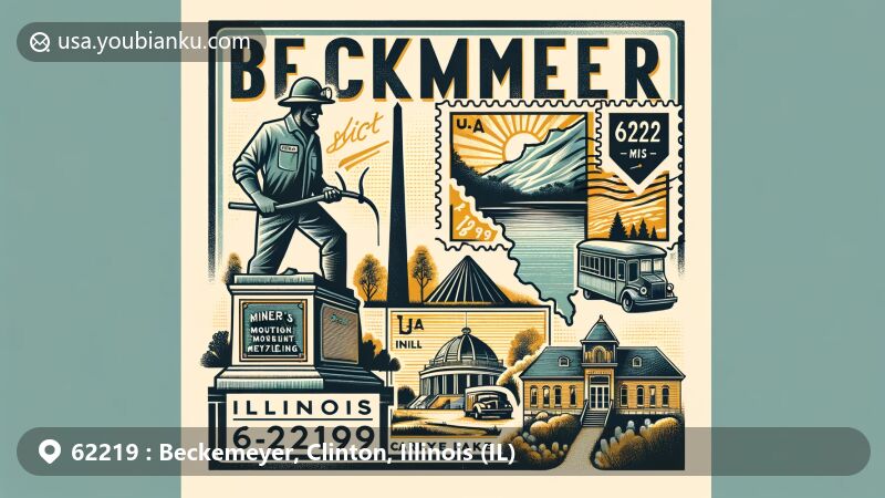Modern illustration of Beckemeyer, Illinois, featuring miner's monument, Carlyle Lake, and postal theme with ZIP code 62219, reflecting mining history and outdoor activities.