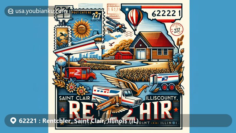 Modern illustration of Rentchler, Saint Clair County, Illinois, showcasing postal theme with ZIP code 62221, featuring Illinois state flag and iconic Midwestern scenery.