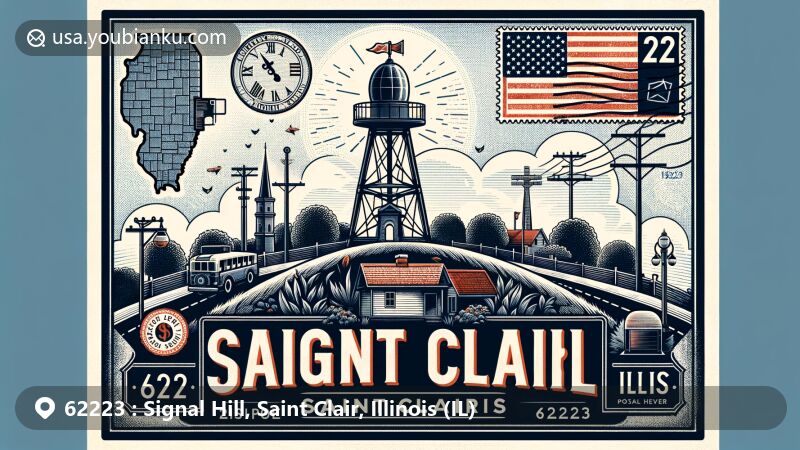 Modern illustration of Signal Hill, Saint Clair County, Illinois, featuring landmark symbolizing Signal Hill, postal themes, vintage postage stamp with ZIP code 62223, state flag, and postal elements.