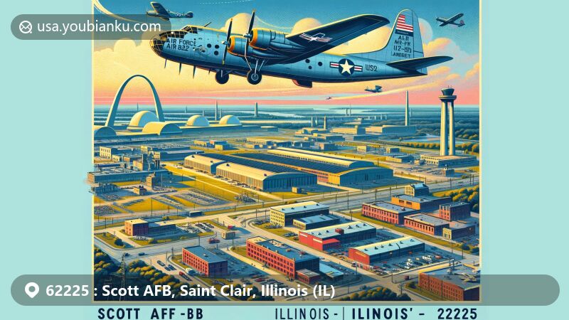 Modern illustration of Scott AFB, Illinois, capturing the global mobility role of the air force base with an aerial view featuring airplanes and air refueling operations, including the historic Curtiss JN-4D 'Jenny' aircraft and a subtle nod to St. Louis with the Gateway Arch. The foreground showcases military life and education support services like housing and childcare.