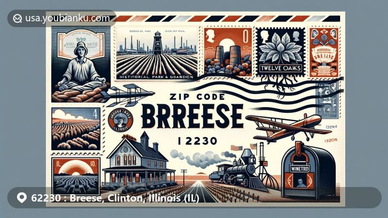 Modern illustration of Breese, Illinois, Clinton County, with ZIP code 62230, featuring Breese Historical Park & Garden, vineyards like Twelve Oaks Vineyard, and symbolic postal elements like air mail envelope, postal stamps, postmark, and American mailbox.