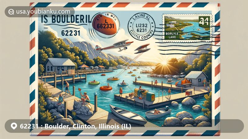 Modern illustration of Boulder, Illinois, 62231, featuring postal theme with scenes from Boulder Recreation Area at Carlyle Lake, including camping, swimming, fishing, and boating activities.