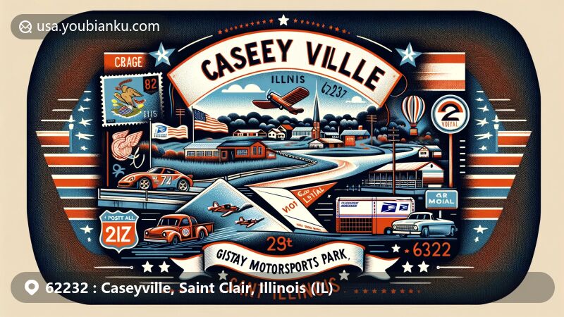 Modern illustration of Caseyville, Illinois, showcasing postal theme with ZIP code 62232, featuring Gateway Motorsports Park and nature scenes representative of Saint Clair County.