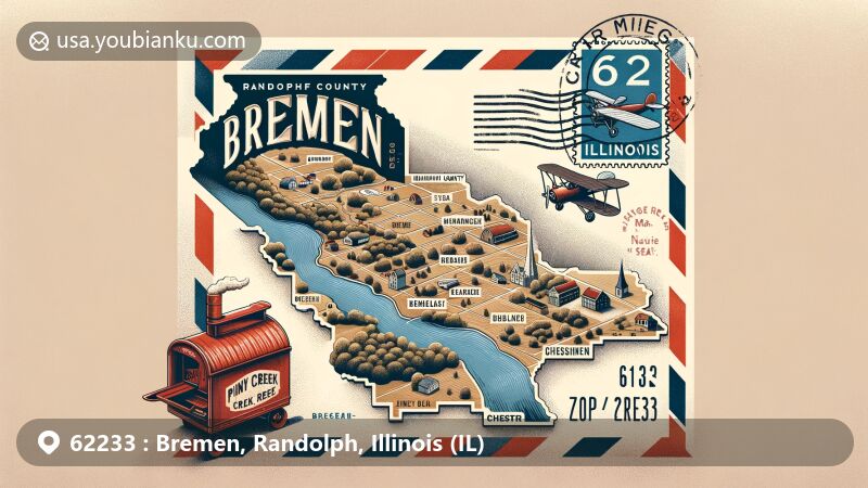 Modern illustration of Bremen, Randolph County, Illinois, featuring vintage airmail envelope frame with detailed map of the area, including Mississippi River, Piney Creek Site, and Chester. Postal elements like vintage stamp, Illinois state flag, and red mailbox symbolize communication and local charm.