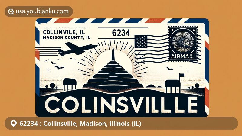 Modern illustration of airmail envelope with Cahokia Mounds silhouette, showcasing postal theme with ZIP code 62234, featuring Illinois state flag and American mailbox elements.