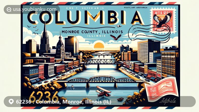 Modern illustration of Columbia, Monroe County, Illinois, highlighting ZIP Code 62236 with postcard theme, featuring Mississippi River, historic downtown area, Maeystown Historic District, local climate, and proximity to St. Louis.