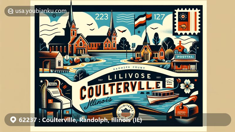 Modern illustration of Coulterville, Illinois, featuring ZIP code 62237 in a vintage postcard style, showcasing small-town charm with local landmarks like churches and The Lake reservoir, enhanced by Illinois state flag and postal elements.