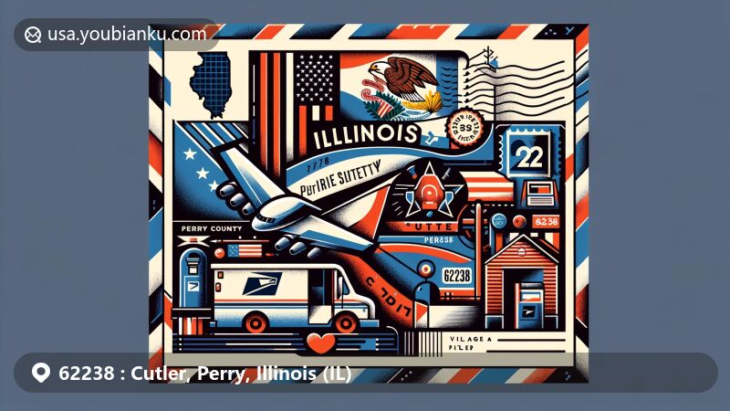 Modern illustration of Cutler, Perry County, Illinois, featuring Illinois state flag and Cutler village elements, with postal theme showcasing ZIP code 62238.