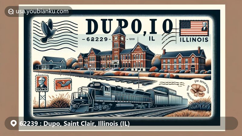 Modern illustration of Dupo, Illinois, featuring Dupo High School, railway symbol, local scenery, postal elements, and Illinois state flag.