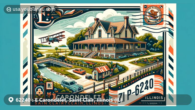 Modern illustration of E Carondelet, Saint Clair County, Illinois, showcasing postcard design with ZIP code 62240, featuring the Martin–Boismenue House and postal elements.