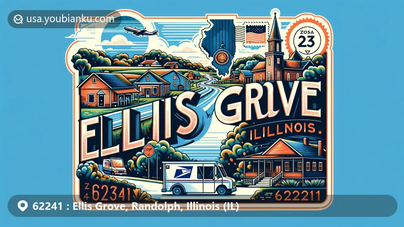 Modern illustration of Ellis Grove, Illinois, showcasing postal theme with ZIP code 62241, featuring village charm and lush greenery of Randolph County.
