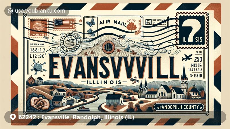 Creative illustration of Evansville, Randolph County, Illinois, featuring air mail envelope with local landmarks, depicting tranquil rural lifestyle and postal theme with ZIP code 62242.