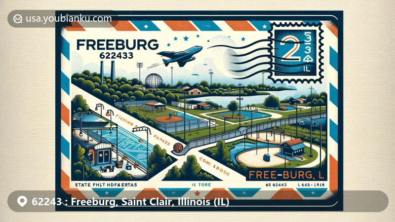 Modern illustration of Freeburg, Illinois, ZIP code 62243, showcasing village's community spirit and outdoor activities at Freeburg Recreation Park, including green spaces, fishing lake, baseball diamonds, and playground equipment, with references to coal mining history and Peabody-River King State Fish and Wildlife Area.