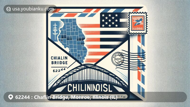 Artistic depiction of Chaflin Bridge, Monroe, Illinois, showcasing airmail theme with state flag and map elements, American flag background, postage stamp and postmark.