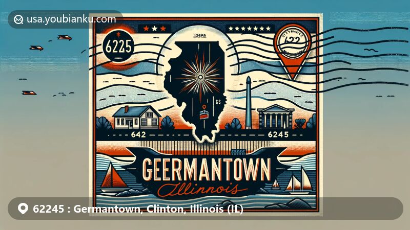 Modern illustration of Germantown, Clinton County, Illinois, representing ZIP code 62245 with a postcard design, featuring iconic local landmarks and vintage postal elements.