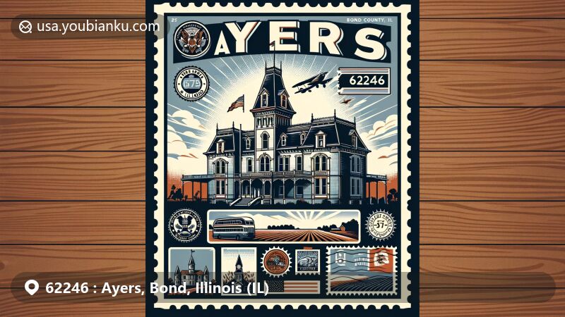 Modern illustration of Ayers, Bond County, Illinois, with ZIP code 62246, featuring regional characteristics and postal elements, including a Victorian-style building inspired by U.S. DeMoulin Mansion and postcard design.