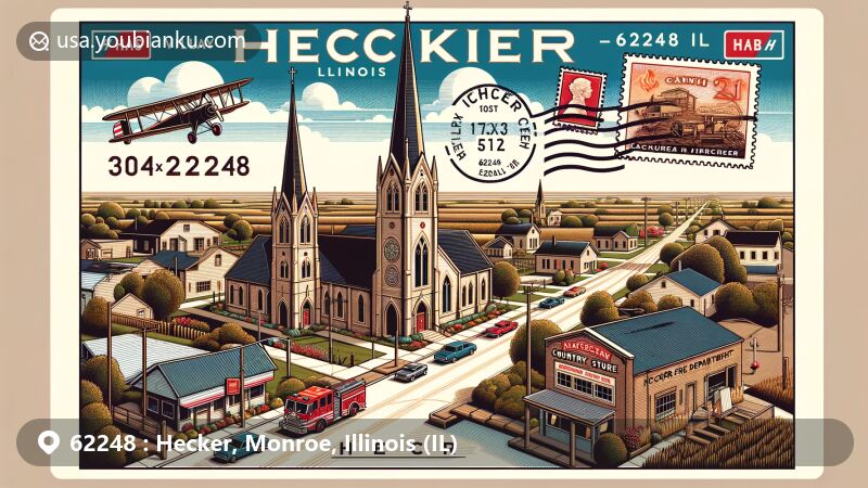Modern illustration of Hecker, Illinois, showcasing St. Augustine of Canterbury Catholic Church, Hecker Country Store, Hecker Fire Department, postal theme with ZIP code 62248, and vibrant community life.