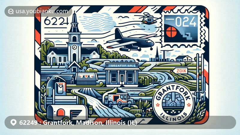Modern illustration of Grantfork, Illinois, ZIP code 62249, resembling an airmail envelope, showcasing key village features with postmark, mailbox, and mail van.