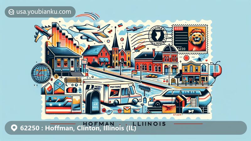 Modern illustration of Hoffman, Clinton County, Illinois, focusing on ZIP code 62250, incorporating postal theme with postcards, air mail envelopes, postage stamps, and postmarks, showcasing local symbols and landmarks.