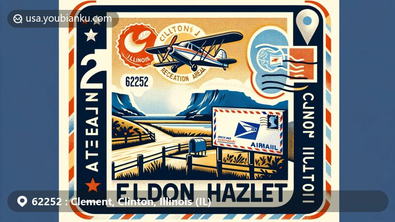 Modern illustration of Eldon Hazlet State Recreation Area, Illinois, featuring airmail envelope with postal elements incl. stamp and postmark '62252' and 'Clement, IL'. Symbolic mailbox and Illinois state flag integrated in design.