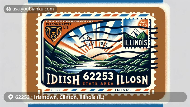 Modern illustration of Irishtown, Clinton County, Illinois, featuring airmail envelope with ZIP code 62253, stamp of Eldon Hazlet State Recreation Area, and Illinois state flag.