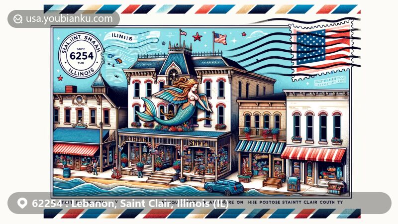 Modern illustration of Mermaid House Inn in Lebanon, Illinois, with Brick Street shops and Saint Clair County outline, incorporating Illinois state flag in airmail envelope with ZIP code 62254.