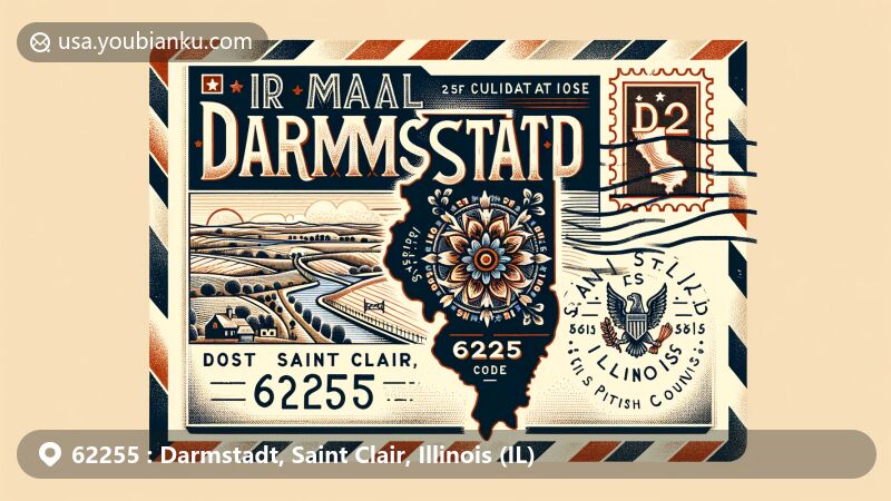 Modern illustration of Darmstadt, Saint Clair, Illinois, with ZIP code 62255, featuring vintage air mail envelope, Illinois map pinpointing location in Saint Clair County, German cultural hint, ZIP code display, and stylized postal stamp.