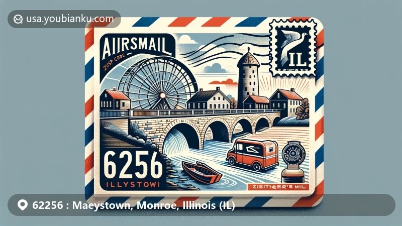 Modern illustration of Maeystown, Monroe County, Illinois, showcasing airmail envelope design with ZIP code 62256, featuring iconic stone bridge, Zeitinger's Mill, and Illinois state flag elements.