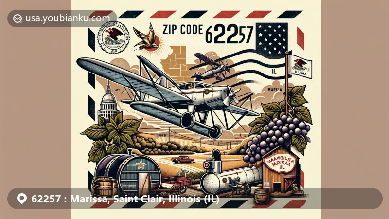 Modern illustration of Marissa, Saint Clair County, Illinois, with an aviation-themed envelope showcasing ZIP code 62257 and town name, featuring Illinois state flag, Saint Clair County outline, Marissa Coal Festival elements, grapevine for 'Toast of Marissa,' and postal stamp/postmark.