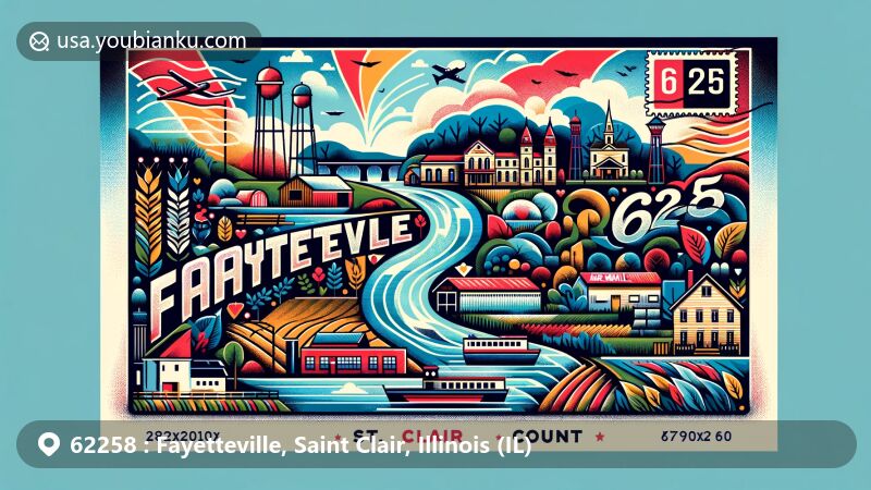 Modern illustration of Fayetteville, St. Clair County, Illinois, celebrating ZIP Code 62258 with a vibrant postal theme, showcasing Kaskaskia River, small-town charm, and agricultural surroundings.
