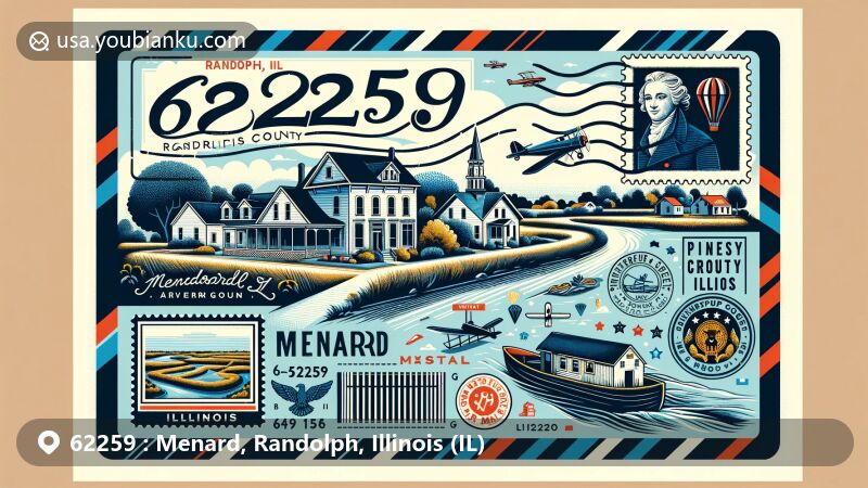 Modern illustration of Menard, Randolph County, Illinois, designed as an air mail envelope for ZIP code 62259, featuring the Mississippi River, Piney Creek Site, and Pierre Menard's historic home.