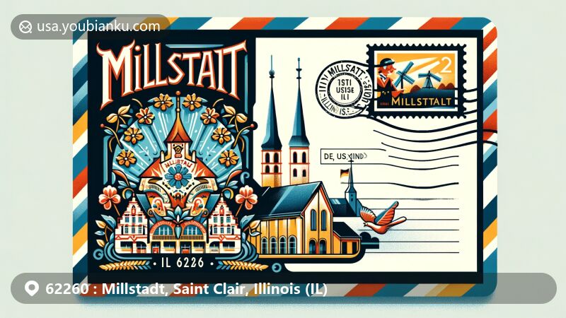 Modern illustration of Millstadt, Illinois, capturing its German heritage with a stylized airmail envelope and stamp featuring traditional German architecture or cultural festival scene.