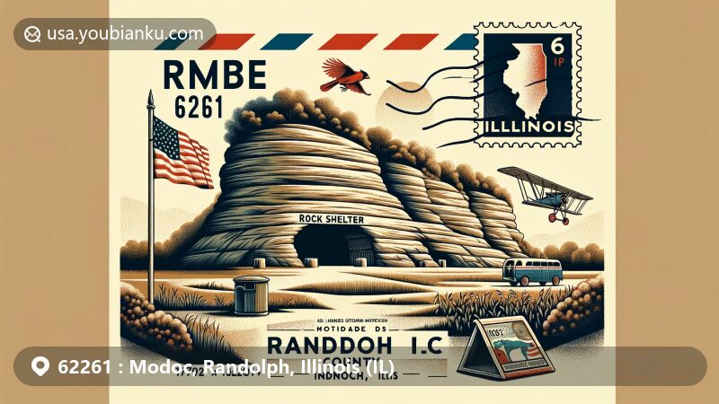Modern illustration of Modoc, Randolph County, Illinois, featuring Modoc Rock Shelter and postal elements like vintage airmail envelope, postage stamp with ZIP code 62261, and postmark, surrounded by Illinois state symbols and Mississippi River bluffs.