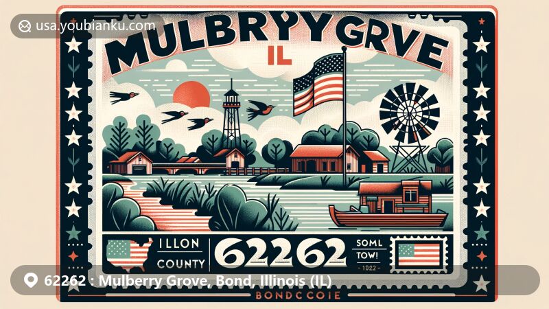 Modern illustration of Mulberry Grove, Bond County, Illinois, featuring postcard-style design with ZIP code 62262, incorporating Illinois state flag elements and American small town scene.