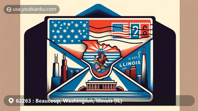 Modern illustration of Beaucoup, Washington County, Illinois, inspired by ZIP code 62263, featuring airmail envelope design with Illinois state flag, iconic landmarks like Chicago skyline or Lincoln Memorial, and Washington County outline.