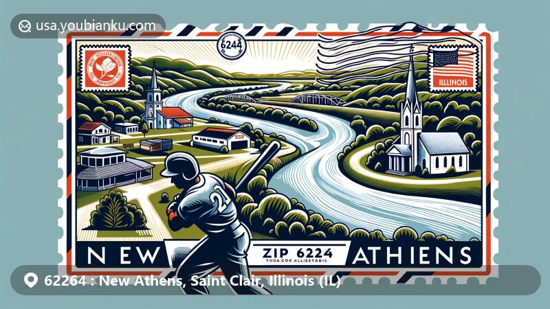Modern illustration of New Athens, Illinois, showcasing the Kaskaskia River and iconic churches, with a tribute to baseball heritage and symbolic stamps of Illinois state flag and Saint Clair County outline.
