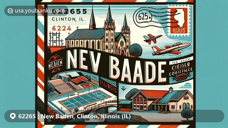 Modern illustration of New Baden, Illinois, Clinton County, showcasing postal theme with ZIP code 62265, featuring local landmarks like New Baden Community Park with swimming pool, tennis courts, playground, and St. George Catholic Church's stained glass windows.