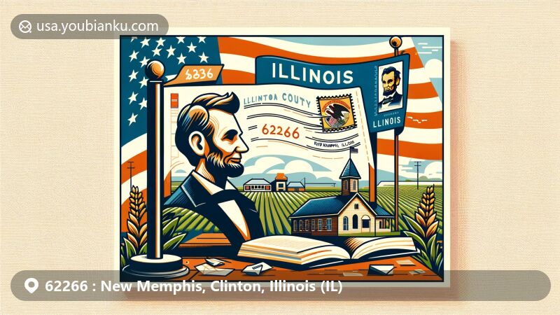 Modern illustration of New Memphis, Clinton County, Illinois, incorporating the state flag as a backdrop and a stylized postcard with landmarks and symbols, including Abraham Lincoln portrait and open book.