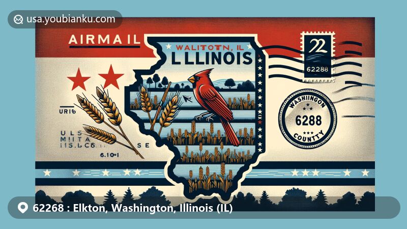 Modern illustration of Elkton, Washington County, Illinois, featuring regional postal theme with ZIP code 62268, showcasing nature and agriculture symbolism.