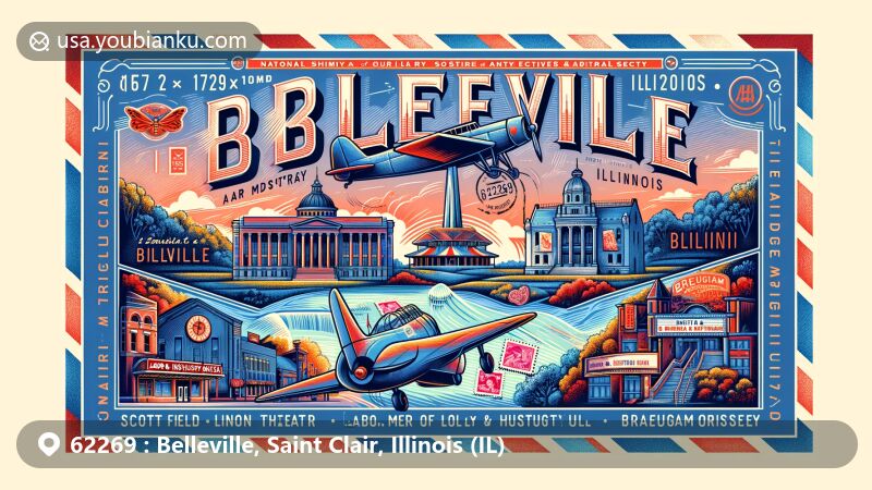 Modern illustration of Belleville, St. Clair County, Illinois, featuring iconic landmarks like Lincoln Theatre, Scott Field Heritage Air Park, Labor & Industry Museum, National Shrine of Our Lady of the Snows, St. Clair County Historical Society, and Braeutigam Orchards. Incorporates postal elements with stamps, postmark, and prominently displays ZIP code 62269.