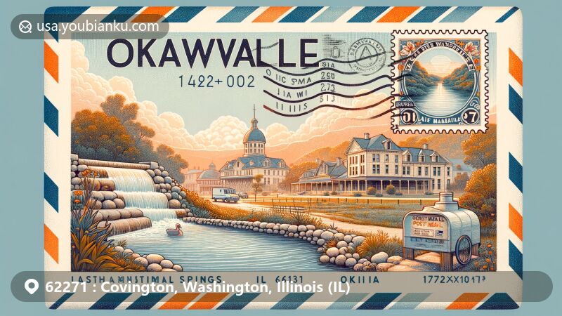 Modern illustration of Okawville, Illinois showcasing postal theme with ZIP code 62271, featuring historical hot springs community and postal elements.